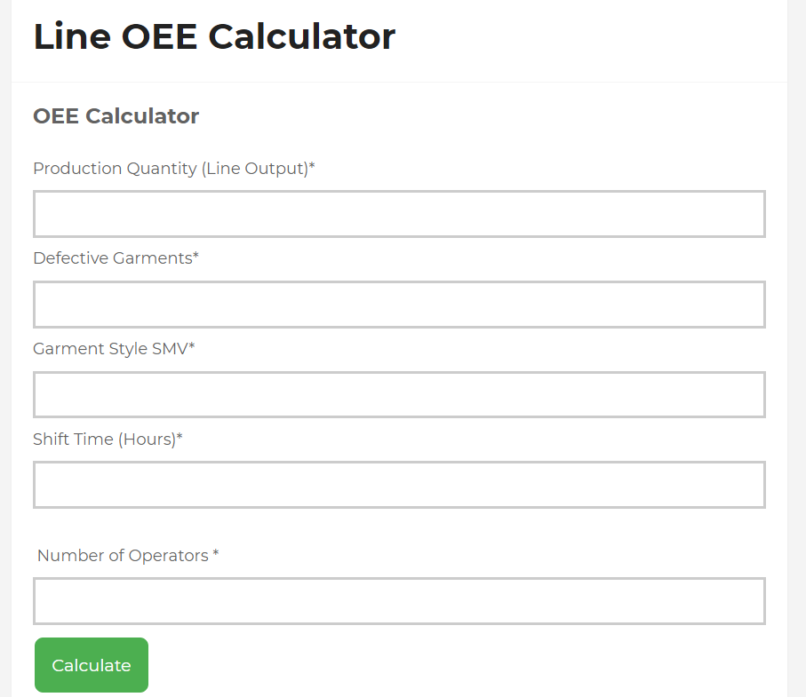 OEE calculator screen